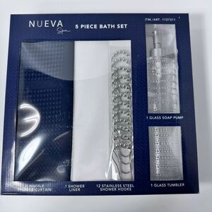 Nueva Spa 5 Piece Bath Set Meriden Navy. Hooks, Liner, Soap Pump, Tumbler !
